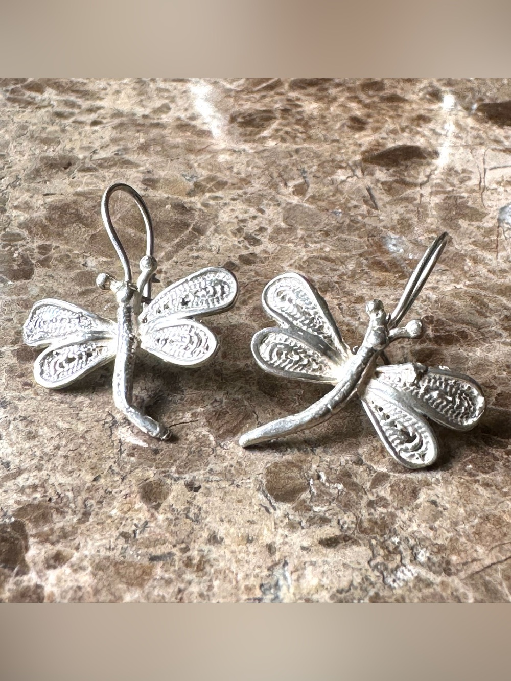 Vintage 925 Sterling Silver Dragonfly Dangle Earrings G7 Filigree Nature